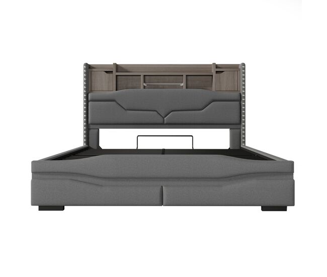 Cama tapizada 160x200 - almacenamiento hidráulico, led, usb-c, cabecero con compartimento - gris