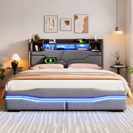 Cama estofada 160x200 - Armazenamento hidráulico, LED, USB-C, cabeceira com compartimento - Cinza