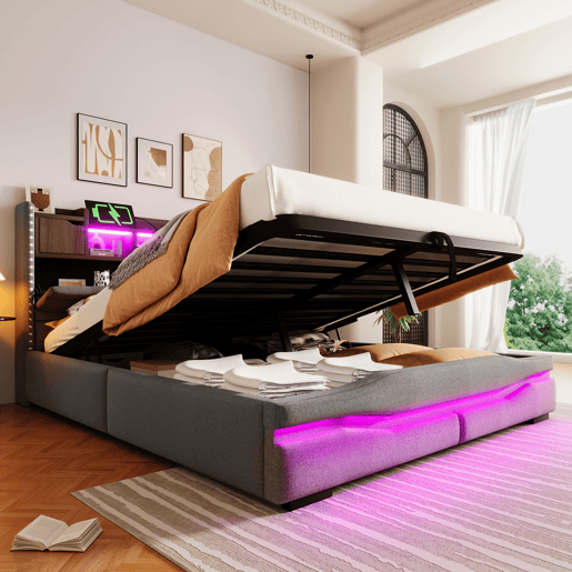 Cama estofada 160x200 - Armazenamento hidráulico, LED, USB-C, cabeceira com compartimento - Cinza