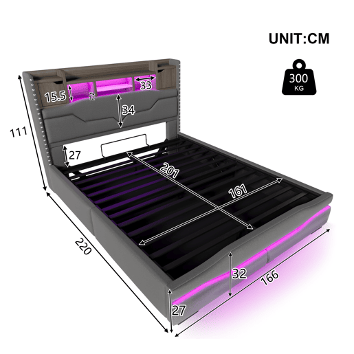 Cama estofada 160x200 - Armazenamento hidráulico, LED, USB-C, cabeceira com compartimento - Cinza