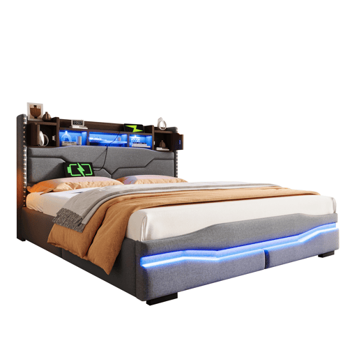 Cama estofada 160x200 - Armazenamento hidráulico, LED, USB-C, cabeceira com compartimento - Cinza