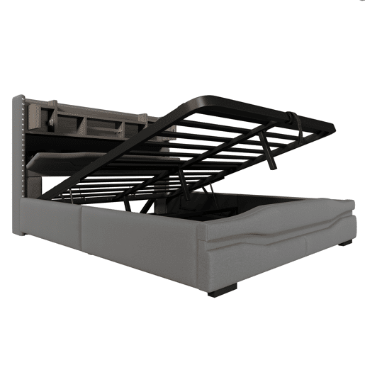 Cama estofada 160x200 - Armazenamento hidráulico, LED, USB-C, cabeceira com compartimento - Cinza
