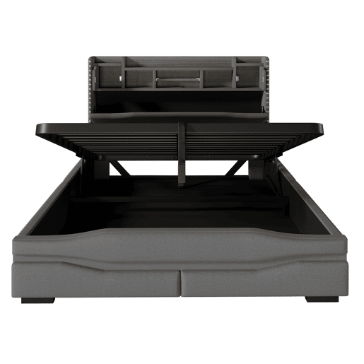 Cama estofada 160x200 - Armazenamento hidráulico, LED, USB-C, cabeceira com compartimento - Cinza