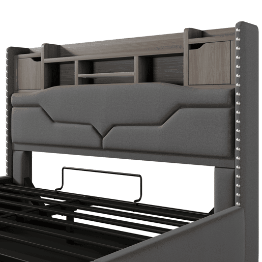 Cama estofada 160x200 - Armazenamento hidráulico, LED, USB-C, cabeceira com compartimento - Cinza