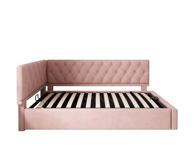 Cama día tapizada 90x190 - almacenamiento hidráulico, somier de madera, terciopelo - rosa