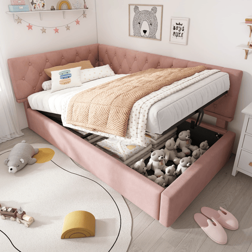 Cama de dia estofada 90x190 - Armazenamento hidráulico, estrado de madeira, veludo - Rosa
