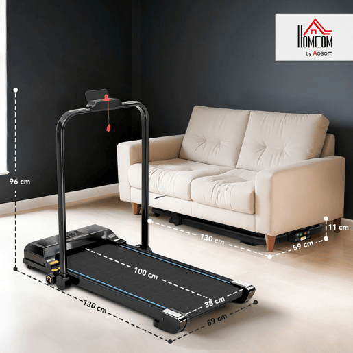 HOMCOM Passadeira Dobrável 2 em 1 Elétrica para Casa Sob a Secretária com 2,5HP 10 kmh Ecrã LED e Controlo Remoto Portátil para Ginásio e Escritório 130x59x96 cm Preto e Azul