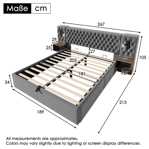 Cama de casal 180x200 cm - cama estofada com arrumação hidráulica, cabeceira com luz de leitura e USB, 2 mesas de cabeceira, sem colchão - cinza veludo