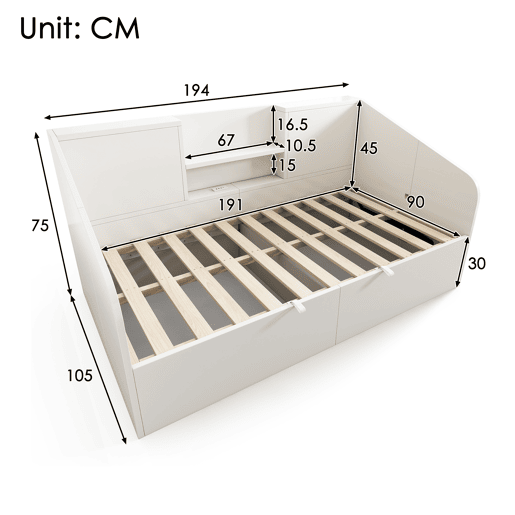 Sofá cama individual de madeira maciça 90x190cm com armazenamento,branco