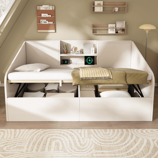 Sofá cama individual de madeira maciça 90x190cm com armazenamento,branco