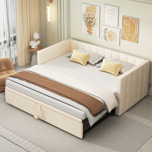 Sofá-cama 90180*200 cm - Com estrado de ripas, Cama multifuncional em veludo macio - Bege