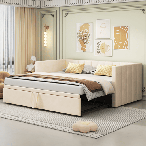 Sofá-cama 90180*200 cm - Com estrado de ripas, Cama multifuncional em veludo macio - Bege