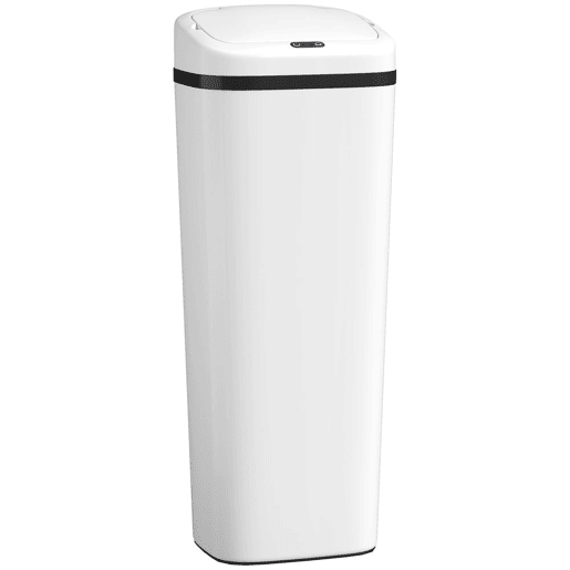 HOMCOM Balde de Lixo Automático 50L Papeleira Estreita de Cozinha em Aço Inoxidável com Sensor Infravermelhos e Modo Manual Anel de Fixação Anti-dedadas, para Escritório e Casa Branco
