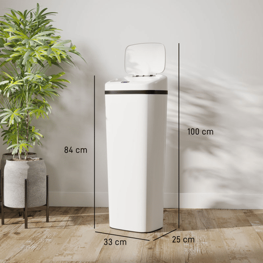 HOMCOM Balde de Lixo Automático 50L Papeleira Estreita de Cozinha em Aço Inoxidável com Sensor Infravermelhos e Modo Manual Anel de Fixação Anti-dedadas, para Escritório e Casa Branco