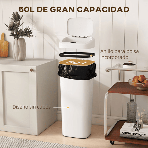 HOMCOM Balde de Lixo Automático 50L Papeleira Estreita de Cozinha em Aço Inoxidável com Sensor Infravermelhos e Modo Manual Anel de Fixação Anti-dedadas, para Escritório e Casa Branco