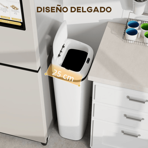 HOMCOM Balde de Lixo Automático 50L Papeleira Estreita de Cozinha em Aço Inoxidável com Sensor Infravermelhos e Modo Manual Anel de Fixação Anti-dedadas, para Escritório e Casa Branco