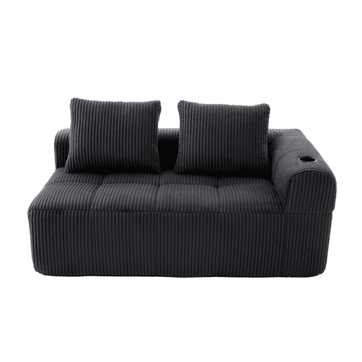 Sofá de veludo cotelê de dois lugares - Sem montagem, almofadas macias, bolso lateral e porta-copos integrado