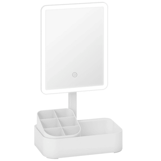 HOMCOM Espelho de Maquilhagem com Luz LED Espelho de Toucador Recarregável com 2 Modos de Iluminação Rotação de 180° Brilho Ajustável Compartimentos Interruptor Tátil para Cuidado da Pele 22x13,8x38 cm Branco