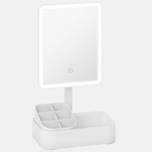 HOMCOM Espelho de Maquilhagem com Luz LED Espelho de Toucador Recarregável com 2 Modos de Iluminação Rotação de 180° Brilho Ajustável Compartimentos Interruptor Tátil para Cuidado da Pele 22x13,8x38 cm Branco