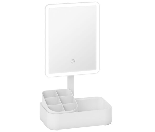 Homcom espejo maquillaje con luz led, espejo tocador recargable con 2 modos de iluminación, rotación de 180°, brillo ajustable, compartimentos,