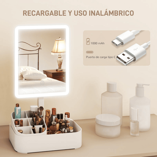 HOMCOM Espelho de Maquilhagem com Luz LED Espelho de Toucador Recarregável com 2 Modos de Iluminação Rotação de 180° Brilho Ajustável Compartimentos Interruptor Tátil para Cuidado da Pele 22x13,8x38 cm Branco
