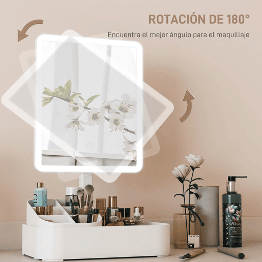 HOMCOM Espelho de Maquilhagem com Luz LED Espelho de Toucador Recarregável com 2 Modos de Iluminação Rotação de 180° Brilho Ajustável Compartimentos Interruptor Tátil para Cuidado da Pele 22x13,8x38 cm Branco
