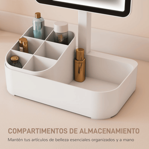 HOMCOM Espelho de Maquilhagem com Luz LED Espelho de Toucador Recarregável com 2 Modos de Iluminação Rotação de 180° Brilho Ajustável Compartimentos Interruptor Tátil para Cuidado da Pele 22x13,8x38 cm Branco