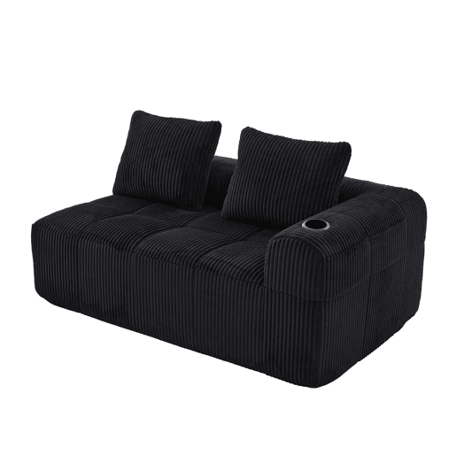 Sofá de veludo cotelê de dois lugares - Sem montagem, almofadas macias, bolso lateral e porta-copos integrado