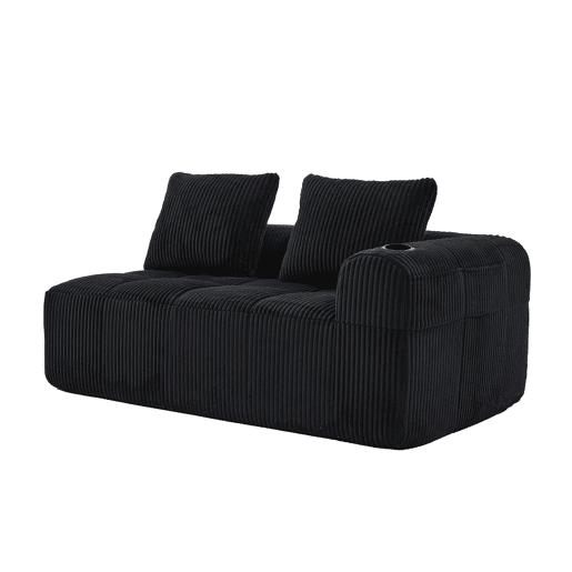 Sofá de veludo cotelê de dois lugares - Sem montagem, almofadas macias, bolso lateral e porta-copos integrado