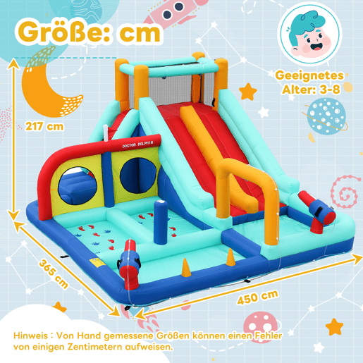 Castelo insuflável com ventilador - Parque aquático exterior multifuncional com escorregas duplos, parede de escalada, pistola de água, fonte e postes de boxe