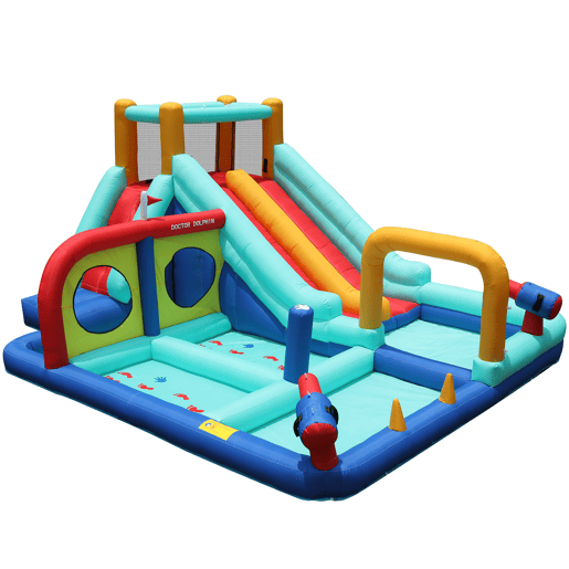 Castelo insuflável com ventilador - Parque aquático exterior multifuncional com escorregas duplos, parede de escalada, pistola de água, fonte e postes de boxe