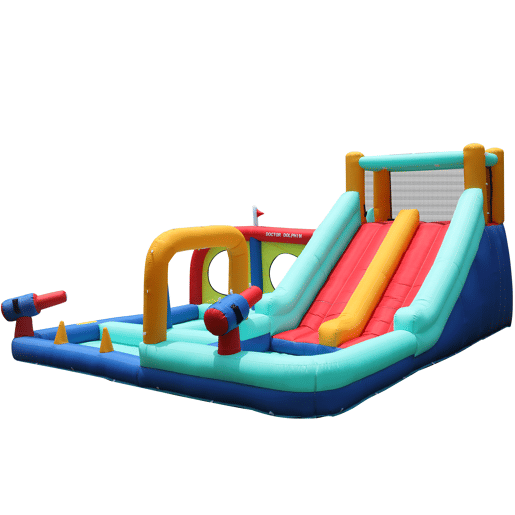 Castelo insuflável com ventilador - Parque aquático exterior multifuncional com escorregas duplos, parede de escalada, pistola de água, fonte e postes de boxe
