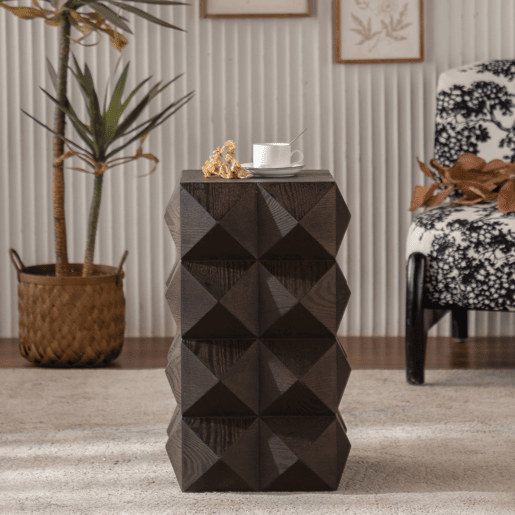Mesa lateral 60 cm - Design retro com relevo 3D, mesa de cabeceira em madeira, castanha