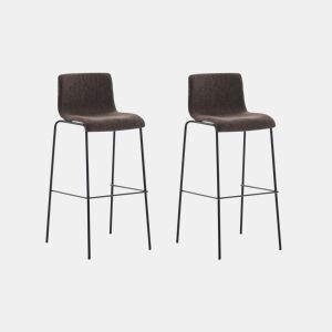 Conjunto de 2 banquetas de bar com apoio para os pés encosto curvo em tecido marrom e 4 pés de metal preto 10_0004198