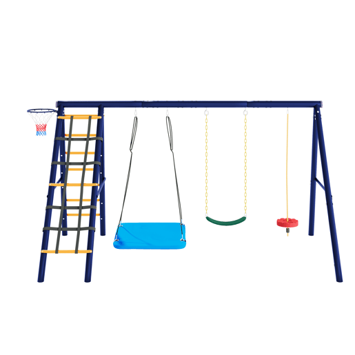 Conjunto de baloiços multifuncionais para exterior - 3 baloiços + estrutura para escalada + cesto de basquetebol, combinação de baloiços para exterior, baloiço suspenso, baloiço com cinto, baloiço com corda para escalada, paraíso de jogos para exterior