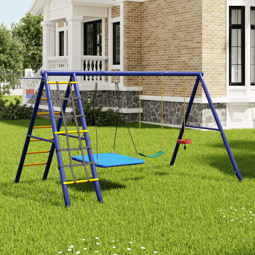 Conjunto de baloiços multifuncionais para exterior - 3 baloiços + estrutura para escalada + cesto de basquetebol, combinação de baloiços para exterior, baloiço suspenso, baloiço com cinto, baloiço com corda para escalada, paraíso de jogos para exterior