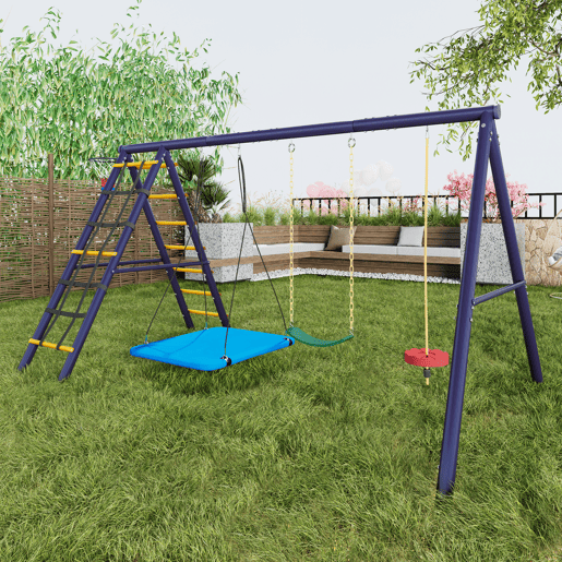 Conjunto de baloiços multifuncionais para exterior - 3 baloiços + estrutura para escalada + cesto de basquetebol, combinação de baloiços para exterior, baloiço suspenso, baloiço com cinto, baloiço com corda para escalada, paraíso de jogos para exterior