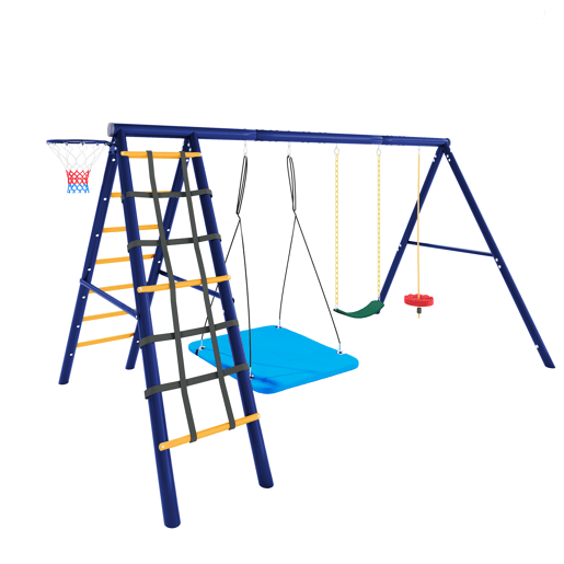 Conjunto de baloiços multifuncionais para exterior - 3 baloiços + estrutura para escalada + cesto de basquetebol, combinação de baloiços para exterior, baloiço suspenso, baloiço com cinto, baloiço com corda para escalada, paraíso de jogos para exterior
