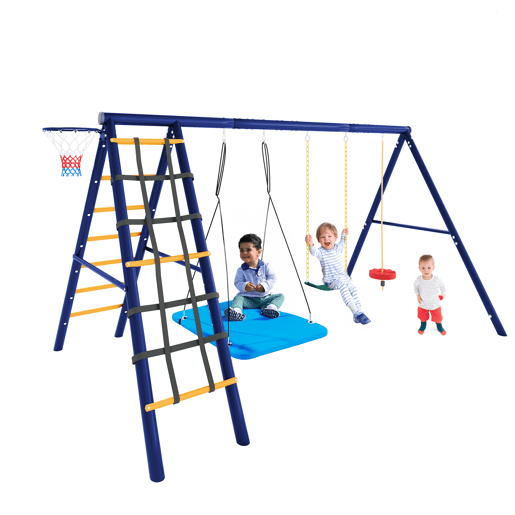 Conjunto de baloiços multifuncionais para exterior - 3 baloiços + estrutura para escalada + cesto de basquetebol, combinação de baloiços para exterior, baloiço suspenso, baloiço com cinto, baloiço com corda para escalada, paraíso de jogos para exterior