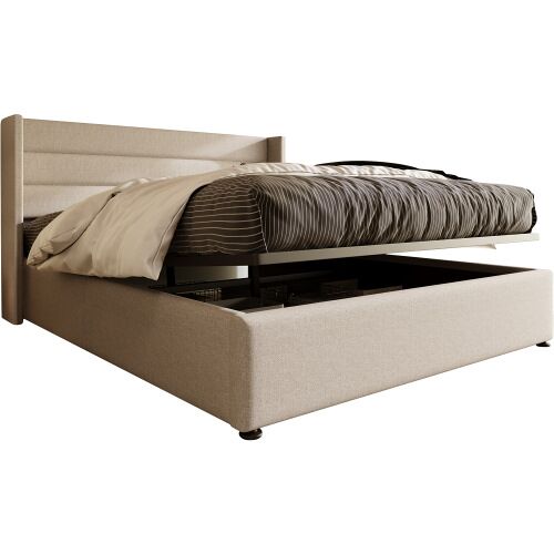 Cama tapizada con almacenamiento 180x200 cm - cama hidráulica, somier de madera y metal - beige