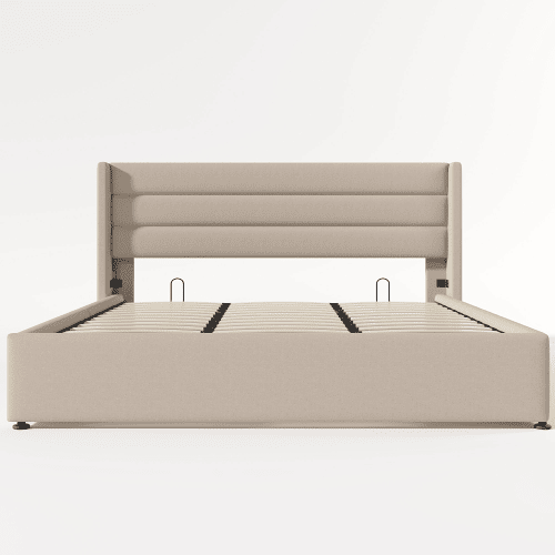 Cama estofada com arrumação 180x200 cm - Cama hidráulica, estrado de madeira e metal - Bege