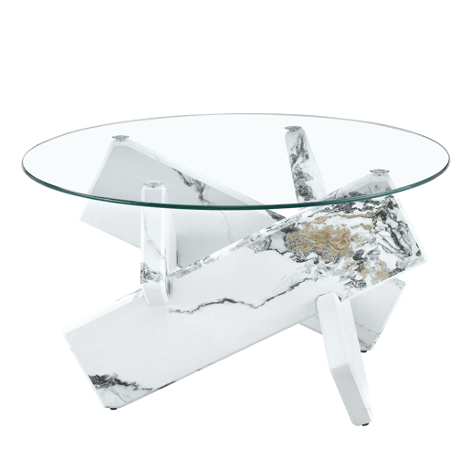 Mesa de centro redonda 79 cm - MDF+Vidro, pernas efeito mármore branco - Transparente, Branco