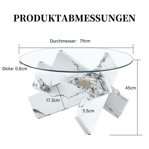 Mesa de centro redonda 79 cm - MDF+Vidro, pernas efeito mármore branco - Transparente, Branco