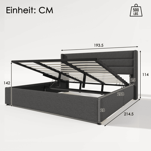Cama estofada 180x200 cm - Cama hidráulica com arrumação, estrado de madeira e estrutura metálica - Cinza