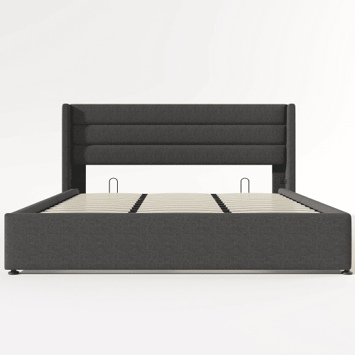 Cama estofada 180x200 cm - Cama hidráulica com arrumação, estrado de madeira e estrutura metálica - Cinza