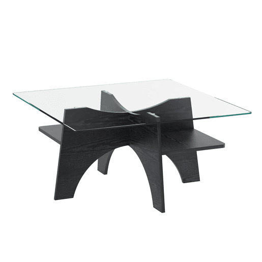 Mesa auxiliar quadrada 80 cm - Vidro temperado, pernas em MDF com efeito madeira - Preto