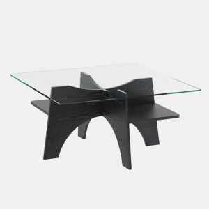 Mesa auxiliar quadrada 80 cm - Vidro temperado, pernas em MDF com efeito madeira - Preto