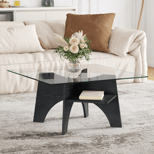 Mesa auxiliar quadrada 80 cm - Vidro temperado, pernas em MDF com efeito madeira - Preto