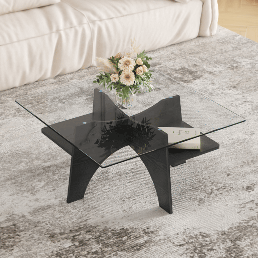 Mesa auxiliar quadrada 80 cm - Vidro temperado, pernas em MDF com efeito madeira - Preto