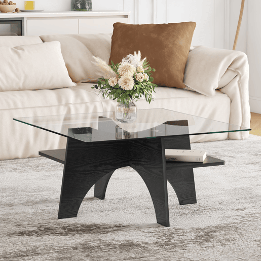 Mesa auxiliar quadrada 80 cm - Vidro temperado, pernas em MDF com efeito madeira - Preto